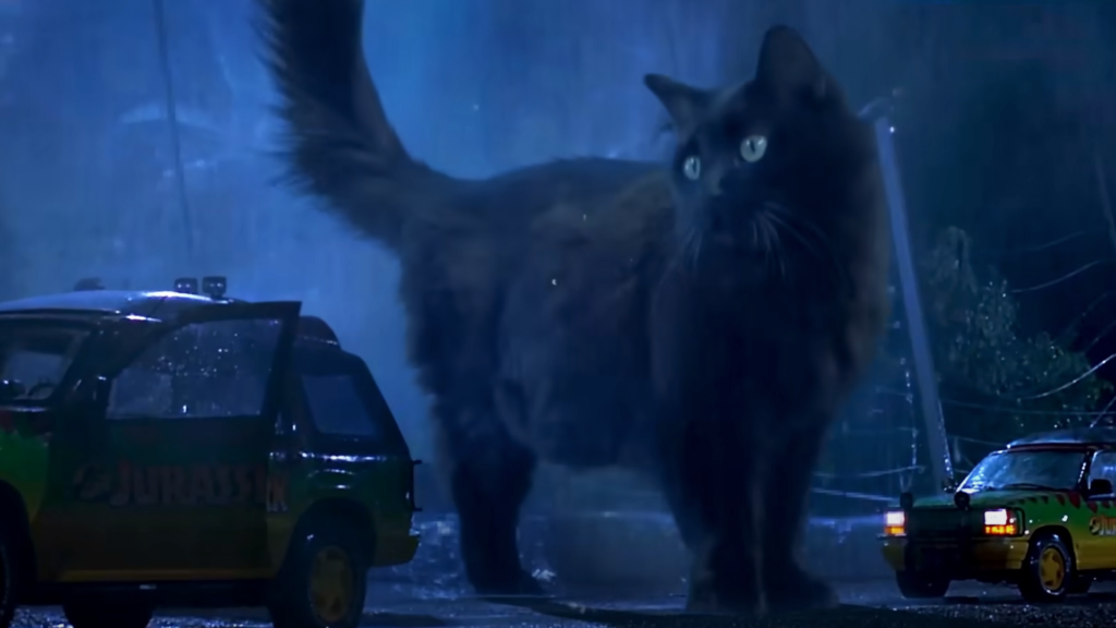 A still from Jurassic Park, where a dinosaur is attaching two jeeps at night. Except in replacement of the dinosaur, this guy special effected his cat in. Visit Owl Kitty at YouTube if you can.